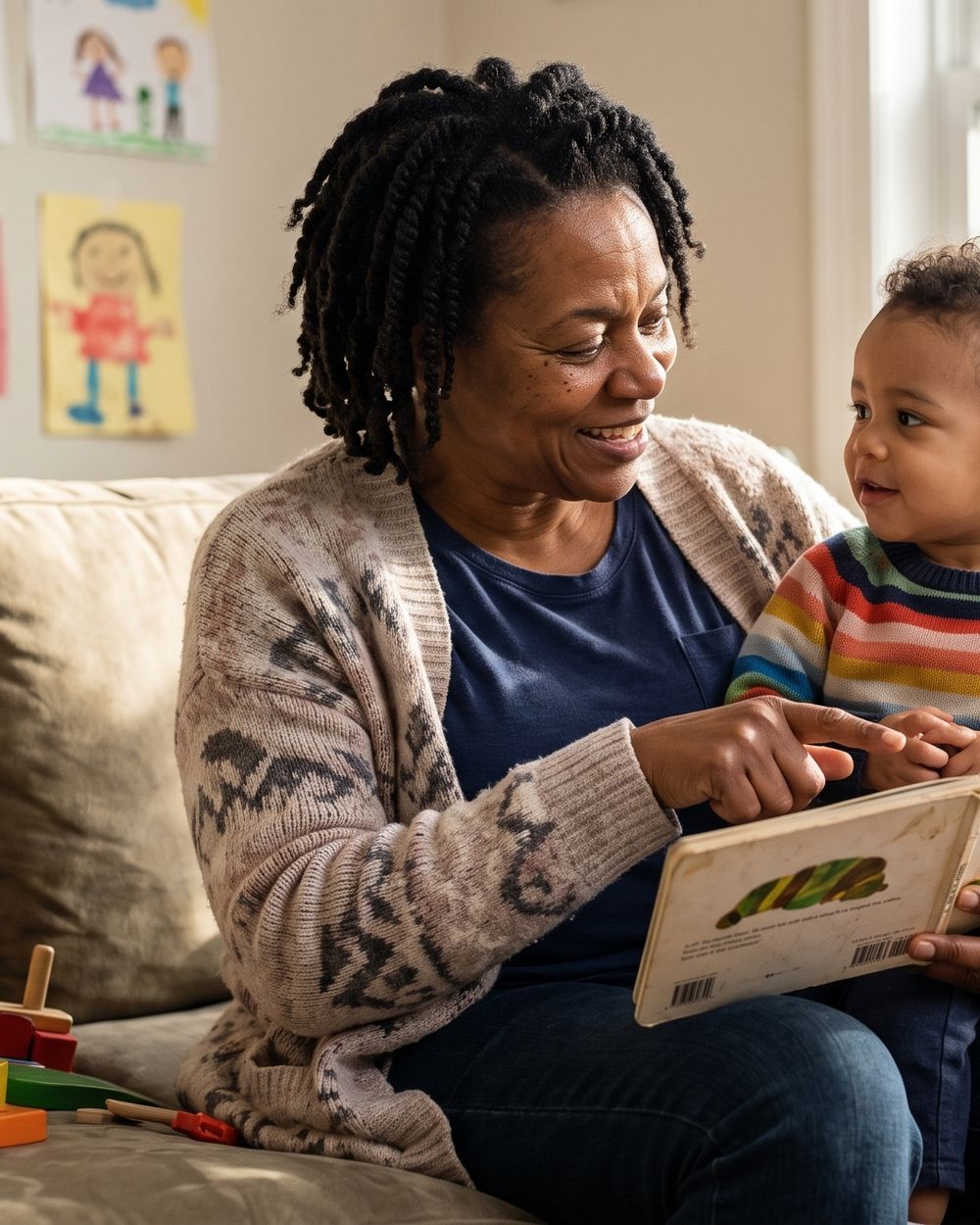 Une nounou joue avec un enfant dans un salon